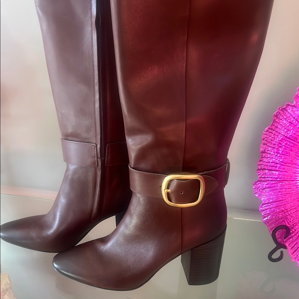 Coach Brown Leather Heeled Boots with Gold Buckle